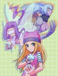 Rule 34 | alternate form, belt, bird wings, blonde hair, blue eyes, blue hair, butterfly wings, butterfly wings gauntlets, covered eyes, digimon, digimon frontier, digivice, facial mark, facial mask, fairimon, green eyes, harpy, hat, insect wings, long hair, looking at viewer, mask, monster girl, orimoto izumi, purple hair, purple vest, shirt, shoulder pads, shutumon, striped clothes, striped shirt, triple persona, vest, visor (armor), wings