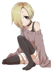 Rule 34 | 10s, 1girl, absurdres, bare shoulders, black thighhighs, blonde hair, brown eyes, collar, collarbone, commentary, earrings, eyebrows, flat chest, forehead, hair over one eye, highres, idolmaster, idolmaster cinderella girls, jewelry, looking at viewer, loose clothes, no shoes, off-shoulder, off-shoulder sweater, off shoulder, shirasaka koume, shorts, solo, stud earrings, sweater, thighhighs, white background, yamamoto souichirou, zettai ryouiki