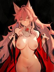 Rule 34 | 1girl, animal ears, arknights, bare shoulders, black background, blush, breasts, cleft of venus, commentary, cowboy shot, detached collar, distr, english commentary, extra ears, female pubic hair, flower, flower brooch, groin, hair intakes, hair ornament, head tilt, highres, large breasts, long hair, looking at viewer, navel, nipples, nude, pink eyes, pink hair, pozyomka (arknights), pubic hair, pussy, raised eyebrows, red flower, red rose, rose, sidelocks, simple background, sketch, solo, standing, undressing, very long hair, wolf ears, wolf girl