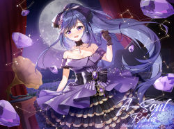 Rule 34 | 1girl, :d, a-soul, apple caramel, bare shoulders, bella (a-soul), black bow, black gloves, blue flower, blue hair, blue rose, blush, bow, breasts, capricorn (constellation), cleavage, commentary request, constellation, dress, flower, gem, gloves, hair ornament, hand up, happy birthday, high ponytail, highres, leo (constellation), long hair, looking at viewer, medium breasts, mole, mole under eye, off-shoulder dress, off shoulder, open mouth, phonograph, ponytail, purple dress, purple eyes, purple gemstone, rose, smile, solo, star (symbol), star hair ornament, teeth, upper teeth only, very long hair, virtual youtuber