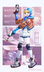 Rule 34 | 1girl, absurdres, anemia kwus, animification, apex legends, b3 wingman, blonde hair, blue eyes, blue headwear, bodysuit, breasts, cappuccino, character name, computer, door, dual wielding, earth (planet), energy reader (apex legends), from side, gun, handgun, highres, holding, holding gun, holding weapon, hologram, hood, hooded bodysuit, hooded jacket, jacket, knee pads, laptop, medium breasts, open mouth, orange jacket, planet, revolver, smile, solo, wattson (apex legends), weapon, white bodysuit, white footwear