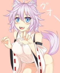 Rule 34 | 1girl, animal ears, ashu, blue eyes, blush, bottomless, breasts, detached sleeves, fangs, hat, inubashiri momiji, large breasts, light purple hair, long sleeves, no panties, open mouth, short hair, smile, solo, tail, tokin hat, touhou, wolf ears, wolf tail