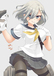 Rule 34 | 10s, 1girl, :d, absurdres, black pantyhose, blue eyes, blush, breasts, cannon, gloves, hair ornament, hair over one eye, hairclip, hamakaze (kancolle), highres, kantai collection, large breasts, miniru, open mouth, pantyhose, personification, pleated skirt, school uniform, serafuku, short hair, skirt, smile, solo, torpedo, turret, white gloves, white hair