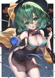 Rule 34 | 1girl, absurdres, apron, black hat, breasts, candy, chocolate, chocolate heart, cleavage, commentary request, covered navel, detached sleeves, dfra, food, green eyes, green hair, hat, hat ribbon, heart, heart-shaped pupils, highres, komeiji koishi, large breasts, looking at viewer, naked apron, ribbon, short hair, solo, symbol-shaped pupils, third eye, tongue, tongue out, touhou, valentine, yellow ribbon