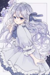 Rule 34 | 1girl, absurdres, blue nails, bow, dress, earrings, flower, grey dress, hair bow, hand up, highres, jewelry, long hair, looking at viewer, nail polish, original, purple eyes, silver hair, simple background, solo, standing, very long hair, yuni 0205