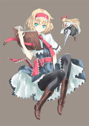 Rule 34 | 2girls, alice margatroid, aqua eyes, blonde hair, book, boots, cross-laced footwear, doll, female focus, grimoire, grimoire of alice, hairband, knee boots, lace-up boots, lance, long hair, multiple girls, nabeshima tetsuhiro, open book, pantyhose, polearm, shanghai doll, short hair, simple background, touhou, weapon
