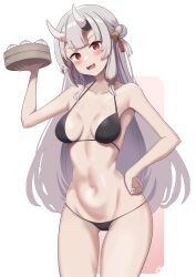 Rule 34 | 1girl, absurdres, alternate breast size, bamboo steamer, baozi, bell, bikini, black bikini, blunt bangs, blush, breasts, center-flap bangs, commentary, contrapposto, dot nose, english commentary, fangs, flower knot, food, gluteal fold, grey hair, groin, hair bell, hair bun, hair ornament, hand on own hip, hand up, head tilt, highres, hip focus, holding, hololive, horns, jingle bell, linea alba, long hair, looking at viewer, low-tied long hair, lowleg, lowleg bikini, medium breasts, micro bikini, nakiri ayame, navel, oni, open mouth, pink background, red eyes, red tassel, simple background, skin-covered horns, solo, string bikini, swimsuit, tassel, tassel hair ornament, thighs, vanillafox2035, virtual youtuber, white background, wide hips