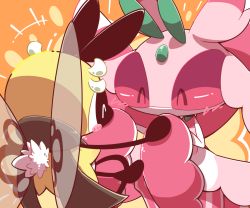 Rule 34 | +++, 1girl, ^ ^, antennae, arthropod girl, blush, blush stickers, closed eyes, colored sclera, colored skin, cowboy shot, creatures (company), closed eyes, female focus, flat chest, from behind, game freak, gen 7 pokemon, hands up, happy, holding hands, lurantis, multicolored skin, nettsuu, nintendo, no mouth, orange background, pink sclera, pink skin, pokemon, pokemon (creature), ribombee, standing, transparent, two-tone skin, white skin