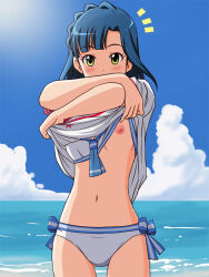 Rule 34 | bikini, blue bow, blue hair, blue neckerchief, blue sky, blush, bow, braid, clothes lift, cloud, commentary request, cowboy shot, day, dot nose, gluteal fold, hands up, idolmaster, idolmaster million live!, lielos, lifted by self, looking at viewer, nanao yuriko, navel, neckerchief, nipples, notice lines, ocean, outdoors, sailor swimsuit (idolmaster), shadow, shirt, unworn shirt, short hair, short sleeves, sky, stomach, sunlight, swimsuit, swimsuit lift, thighs, white bikini, white shirt, yellow eyes