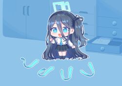 Rule 34 | 1girl, :d, absurdly long hair, aris (blue archive), doodle sensei (blue archive), black hair, black hairband, black skirt, black socks, blue archive, blue eyes, blue necktie, collared shirt, hair between eyes, hairband, halo, hand up, highres, index finger raised, kaoling, long hair, long sleeves, necktie, unworn necktie, no shoes, one side up, open mouth, pleated skirt, ribbed legwear, ribbed socks, ringed eyes, sensei (blue archive), shirt, skirt, smile, socks, solo, standing, very long hair, white shirt