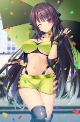 Rule 34 | 1girl, ;), ao no kanata no four rhythm, black gloves, black hair, black jacket, black panties, black ribbon, black thighhighs, blurry, blurry background, blush, bra, breasts, choker, cleavage, closed mouth, commentary request, commission, confetti, cowboy shot, emanon123, fingerless gloves, frilled ribbon, frills, gloves, green bra, green choker, green shorts, green umbrella, hair ribbon, hand up, highres, holding, holding umbrella, jacket, large breasts, long hair, looking at viewer, midriff, navel, one eye closed, panties, purple eyes, race queen, ribbon, second-party source, shiny skin, short shorts, shorts, skeb commission, smile, solo, stomach, straight hair, thigh gap, thighhighs, tobisawa misaki, umbrella, underwear, very long hair