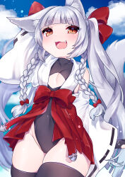 Rule 34 | 1girl, :d, absurdres, animal ear fluff, animal ears, arm up, asanagi (azur lane), azur lane, black leotard, black thighhighs, blue sky, blush, bow, braid, breasts, brown eyes, chiitamu, cloud, cloudy sky, commentary request, covered navel, day, fang, groin, hair bow, highres, leotard, long hair, long sleeves, looking at viewer, open mouth, outdoors, red bow, ribbon-trimmed sleeves, ribbon trim, short eyebrows, skindentation, sky, small breasts, smile, solo, thick eyebrows, thighhighs, twin braids, twintails, very long hair, white sleeves, wide sleeves