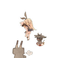 Rule 34 | 10s, 1boy, 1girl, :3, = =, admiral (kancolle), ascot, blonde hair, blush, boots, bow, butt crack, carrying, chibi, g-string, green eyes, hair bow, hair ornament, itsukia, kantai collection, midriff, miniskirt, panties, personification, piggyback, pleated skirt, rensouhou-chan, school uniform, serafuku, shimakaze (kancolle), simple background, skirt, striped clothes, striped thighhighs, thighhighs, thong, underwear, white background