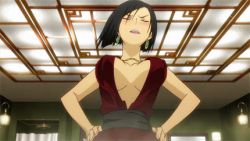 Rule 34 | 10s, angry, animated, animated gif, black hair, blush, bouncing breasts, breasts, brown eyes, cleavage, dress, earrings, hands on own hips, jewelry, large breasts, leaning forward, lowres, mature female, mole, necklace, no bra, sanka aria, sankarea, screencap, short hair