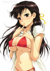 Rule 34 | 1girl, bikini, black hair, blush, breast suppress, breasts, breasts squeezed together, brown eyes, brown hair, clothes lift, female focus, finger to mouth, happoubi jin, highres, huge breasts, large breasts, long hair, navel, non-web source, open clothes, open shirt, red bikini, scan, shirt, shirt lift, side-tie bikini bottom, sideboob, simple background, skindentation, solo, string bikini, sweat, sweet body, swimsuit, third-party edit, underboob