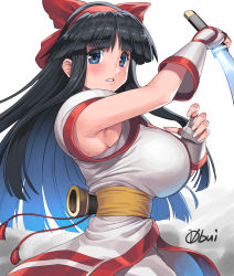 Rule 34 | 1girl, ainu clothes, armpits, artist name, black hair, blue eyes, blush, bow, breasts, fingerless gloves, gloves, hair bow, hairband, huge breasts, long hair, looking at viewer, looking to the side, nakoruru, obui, red bow, samurai spirits, snk, solo, weapon