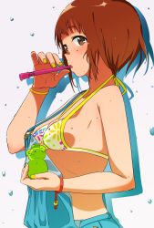 Rule 34 | 1girl, bikini, bikini top only, blush, breasts, brown eyes, brown hair, blowing bubbles, from side, highres, medium breasts, nail polish, original, overalls, palms, short hair, sideboob, solo, strap gap, sweat, swimsuit, telephoto, wristband