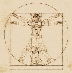 Rule 34 | commentary, english commentary, fine art parody, gundam, highres, looking at viewer, mecha, mobile suit, mobile suit gundam, no humans, open hands, parody, robot, rx-78-2, science fiction, solo, strictly mecha, v-fin, vitruvian man