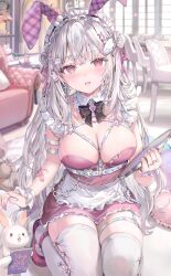 Rule 34 | 1girl, ahoge, animal ears, apron, arm strap, bandaid, bare shoulders, bow, bowtie, breasts, chest harness, cleavage, detached collar, double bun, dress, fake animal ears, frilled dress, frills, hair bun, harness, highres, holding, jewelry, large breasts, long hair, looking at viewer, maid, maid apron, maid headdress, mary janes, momoko (momopoco), open mouth, original, pink dress, pink footwear, rabbit, rabbit ears, red eyes, ring, shoes, short dress, skindentation, sleeveless, sleeveless dress, smile, solo, squatting, thigh strap, thighhighs, thighs, tray, very long hair, waist apron, white hair, white thighhighs, wrist cuffs, zettai ryouiki