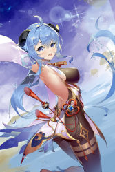 Rule 34 | 1girl, ahoge, ass, bare shoulders, blue hair, blush, bodysuit, breasts, cro, detached sleeves, from behind, ganyu (genshin impact), genshin impact, gloves, gold trim, highres, horns, large breasts, leotard, long hair, looking at viewer, neck bell, open mouth, pantyhose, purple eyes, shiny clothes, shiny skin, sideboob, smile, solo, very long hair, waist cape
