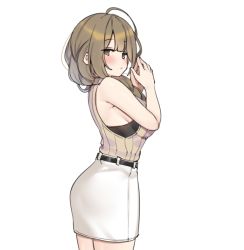 Rule 34 | 1girl, aa211108, ahoge, blush, braid, braided ponytail, brown hair, huge ahoge, idolmaster, idolmaster shiny colors, kuwayama chiyuki, looking at viewer, looking to the side, own hands together, pencil skirt, ribbed shirt, shirt, side ponytail, simple background, skirt, sleeveless, sleeveless shirt, solo, white background, white skirt