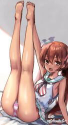 Rule 34 | 1girl, artist name, barefoot, brown eyes, brown hair, commentary request, dark-skinned female, dark skin, dress, eckert&amp;eich, fang, hat, highres, kantai collection, legs up, libeccio (kancolle), long hair, looking at viewer, low-cut armhole, mini hat, neckerchief, one-hour drawing challenge, open mouth, panties, sailor collar, sailor dress, sleeveless, sleeveless dress, solo, striped clothes, striped neckerchief, striped panties, twintails, twitter username, underwear, white sailor collar