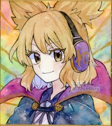 Rule 34 | 1girl, 2zuz4hru, black cape, black ribbon, brown eyes, cape, closed mouth, collared dress, commentary request, dress, earmuffs, happy, highres, light brown hair, neck ribbon, painting (medium), pointy hair, purple cape, ribbon, smile, solo, touhou, toyosatomimi no miko, traditional media, upper body, watercolor (medium), white dress