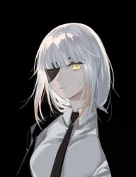 Rule 34 | 1girl, black background, black jacket, black necktie, collared shirt, eyepatch, girls&#039; frontline, highres, jacket, looking at viewer, m16a1 (boss) (girls&#039; frontline), m16a1 (girls&#039; frontline), mole, mole under eye, necktie, open clothes, open jacket, scar, scar across eye, shirt, simple background, solo, taiyang ami, upper body, white hair, white shirt, yellow eyes