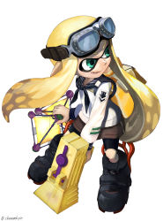 Rule 34 | 1girl, absurdres, ankle boots, bad id, bad pixiv id, bike shorts, black bike shorts, black footwear, black neckerchief, black shorts, blonde hair, blouse, blunt bangs, boots, chamu (chammkue), commentary request, emblem, eyewear on head, fangs, full body, goggles, goggles on head, highres, holding, holding weapon, ink tank (splatoon), inkling, inkling girl, inkling player character, light smile, long hair, long sleeves, looking to the side, neckerchief, nintendo, open mouth, pointy ears, sailor, sailor collar, shirt, shorts, solo, splat bomb (splatoon), splatoon (series), splatoon 1, splattershot jr (splatoon), standing, tentacle hair, twitter username, velcro, velcro footwear, weapon, white shirt