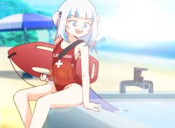 Rule 34 | 1girl, artist request, bathtub, beach, blue eyes, blue hair, blurry, blurry background, faucet, fins, fish tail, gawr gura, hair ornament, holding, holding swim ring, hololive, hololive english, innertube, lens flare, lifebuoy, lifeguard, multicolored hair, ocean, one-piece swimsuit, outdoors, red one-piece swimsuit, shark girl, shark hair ornament, shark tail, sharp teeth, signature, sitting, solo, source request, swim ring, swimsuit, swimsuit writing, tail, teeth, two side up, umbrella, virtual youtuber, water, white hair