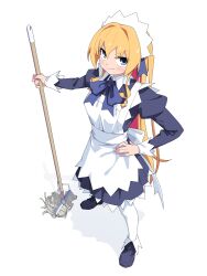Rule 34 | 1girl, apron, black dress, black footwear, blonde hair, blue eyes, blush, breasts, dress, from above, full body, hand on own hip, highres, holding, holding mop, juliet sleeves, long hair, long sleeves, looking at viewer, maid, maid headdress, mop, multicolored hair, original, pantyhose, pink hair, puffy sleeves, shadow, shoes, simple background, smile, solo, standing, two side up, very long hair, white apron, white background, white pantyhose, yachima tana, yachimata kana