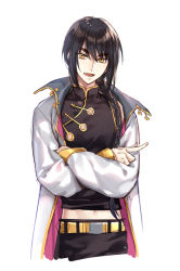 Rule 34 | 1boy, :d, belt, black hair, chinese clothes, coat, crossed arms, hair between eyes, head tilt, kangetsu (fhalei), long hair, long sleeves, looking at viewer, male focus, open clothes, open coat, open mouth, original, simple background, smile, solo, upper body, v, vest, white background, yellow eyes