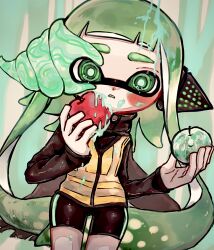 Rule 34 | 1girl, agent 3 (splatoon), apple, bike shorts, commentary request, food, fruit, green eyes, headphones, highres, holding, holding food, holding fruit, inkling, inkling girl, inkling player character, nintendo, parasite, sleeves past wrists, solo, splatoon (series), splatoon 2, splatoon 2: octo expansion, suku1do, thick eyebrows