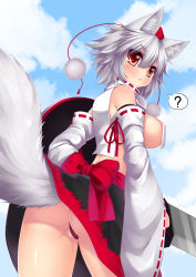 Rule 34 | 1girl, ?, absurdres, animal ears, ass, blush, breasts, detached sleeves, female focus, from behind, hat, highres, inubashiri momiji, large breasts, looking at viewer, modern drawing style, no bra, panties, pantyshot, red eyes, red panties, ribbon-trimmed sleeves, ribbon trim, shield, short hair, sideboob, silver hair, solo, spoken question mark, sword, tail, thong, tokin hat, touhou, underboob, underwear, weapon, wolf ears, wolf tail, wolflong