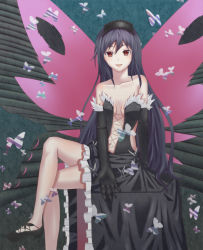 Rule 34 | 10s, 1girl, accel world, antenna hair, bad id, bad pixiv id, bare shoulders, black hair, brown eyes, bug, butterfly, butterfly wings, elbow gloves, gloves, hairband, insect, insect wings, kuroyukihime, long hair, navel, setu (pixiv3394201), smile, solo, wings