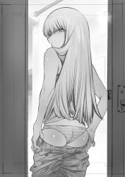 Rule 34 | 1girl, absurdres, ass, back, bare shoulders, clothes pull, greyscale, highres, kojima takeshi, long hair, looking at viewer, monochrome, original, panties, pants, pants pull, solo, striped clothes, striped panties, tank top, underwear, wedgie