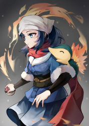 Rule 34 | 1girl, akari (pokemon), bad id, bad pixiv id, blue eyes, blue hair, blue kimono, closed mouth, commentary request, creatures (company), cyndaquil, fire, floating scarf, fur-trimmed sleeves, fur trim, game freak, gen 2 pokemon, grey background, head scarf, highres, holding, holding poke ball, japanese clothes, kimono, layered sleeves, long sleeves, looking away, nintendo, obi, poke ball, pokemon, pokemon (creature), pokemon legends: arceus, ponytail, revision, sash, scarf, short over long sleeves, short sleeves, yowamushi