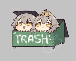 Rule 34 | 1boy, 1girl, banana peel, caelus (honkai: star rail), chibi, citrusbum, closed mouth, commentary, english commentary, grey background, grey hair, hair between eyes, highres, honkai: star rail, honkai (series), in trash can, light blush, open mouth, signature, simple background, stelle (honkai: star rail), trailblazer (honkai: star rail), trash, yellow eyes