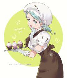 Rule 34 | 1girl, absurdres, airagency1005, apron, blue eyes, blue hair, breasts, chef, chef hat, creatures (company), cupcake, food, game freak, gloves, hat, highres, holding, holding tray, katy (pokemon), large breasts, looking at viewer, mole, mole under eye, nintendo, open mouth, pokemon, pokemon sv, tray, upper body, white gloves