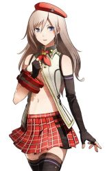 Rule 34 | 10s, 1girl, alisa ilinichina amiella, black footwear, black thighhighs, blue eyes, boots, breasts, elbow gloves, face, fingerless gloves, gloves, god eater, god eater 2: rage burst, hat, large breasts, long hair, looking at viewer, plaid, plaid skirt, simple background, skirt, smile, solo, thigh boots, thighhighs, underboob, white hair, zettai ryouiki