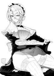 Rule 34 | 1girl, :o, apron, ass, breasts, foreshortening, frilled panties, frills, glasses, greyscale, hat, large breasts, looking at viewer, maid, maid headdress, mob cap, monochrome, natsupoi, original, panties, puffy sleeves, sitting, skindentation, solo, thighhighs, underwear