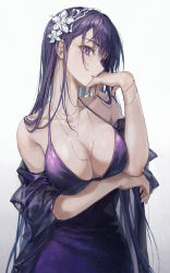 Rule 34 | 1girl, alternate costume, arm under breasts, bangle, bare shoulders, blue nails, bracelet, breasts, cleavage, dress, expressionless, flower, genshin impact, hair flower, hair ornament, halterneck, hand on own face, hand up, head tilt, highres, jewelry, large breasts, light blush, long hair, looking at viewer, mole, mole under eye, nail polish, necklace, parted lips, purple dress, purple eyes, purple hair, r o ha, raiden shogun, see-through, shawl, simple background, solo, swept bangs, upper body, white background