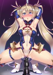 Rule 34 | 1girl, armor, armpits, arms up, blonde hair, blue eyes, blush, boots, bradamante (fate), bradamante (first ascension) (fate), breasts, breath, cleavage, covered erect nipples, covered navel, curvy, dildo, elbow gloves, fate/grand order, fate (series), faulds, female focus, gloves, groin, hair ornament, heart, heart-shaped pupils, heavy breathing, highres, hypnosis, kutan, leotard, long hair, medium breasts, mind control, moaning, navel, partially visible vulva, pole, pole dancing, sex toy, shiny skin, solo, spread legs, sweat, symbol-shaped pupils, twintails, very long hair, wet, wet clothes