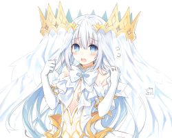 Rule 34 | 1girl, bare shoulders, blue eyes, blush, bow, bowtie, breasts, cleavage, cleavage cutout, clothing cutout, commentary request, covered navel, crown, date a live, dress, elbow gloves, flustered, gloves, hair between eyes, hands up, jewelry, long hair, looking at viewer, ring, silver hair, simple background, small breasts, solo, tobiichi origami, tsunako, upper body, veil, very long hair, white background, white bow, white dress, white gloves