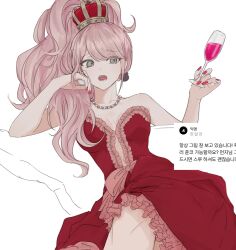Rule 34 | 1girl, bare shoulders, bear earrings, bow, breasts, brown eyes, crown, cup, danganronpa: trigger happy havoc, danganronpa (series), danganronpa 10th anniversary costume, dress, drinking glass, earrings, enoshima junko, frilled dress, frills, highres, holding, holding cup, jewelry, large breasts, long hair, nail polish, open mouth, ponytail, red bow, red dress, red nails, red wine, simple background, solo, teeth, tongue, translation request, two-tone dress, ujuui msmz, white background, wine, wine glass