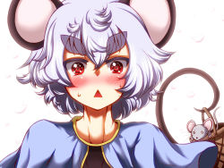 Rule 34 | 1girl, :&lt;, animal ears, basket, blush, eyebrows, female focus, grey hair, mouse (animal), mouse ears, mouse tail, nazrin, red eyes, solo, tail, thick eyebrows, touhou, triangle mouth, zan (harukahime)