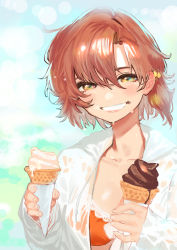 Rule 34 | 1girl, bikini, blush, brown eyes, brown hair, bukimi isan, collarbone, copyright request, food, grin, hair between eyes, hair ornament, holding, ice cream, ice cream cone, long sleeves, looking at viewer, open clothes, open shirt, orange bikini, orange hair, shirt, short hair, sleeves past wrists, smile, solo, swimsuit, upper body, wet, wet clothes, wet hair, wet shirt, white shirt