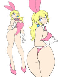 Rule 34 | 1girl, ass, blonde hair, breasts, detached collar, earrings, highres, large breasts, leotard, mario (series), nintendo, playboy bunny, princess peach, rabbit tail, simple background, sphere earrings, super mario bros. 1, toshinoshin, white background