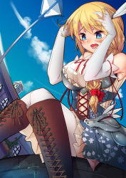 Rule 34 | 1girl, armor, armored dress, arms up, bare shoulders, blonde hair, blue eyes, boots, braid, breasts, corset, dress, elbow gloves, gloves, highres, hira (nanika no heya), large breasts, long hair, open mouth, original, pantyhose, sitting, solo, white gloves, white pantyhose
