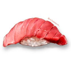 Rule 34 | commentary, fish (food), food, food focus, highres, mitomaton, nigirizushi, no humans, original, realistic, rice, simple background, still life, sushi, tuna, twitter username, white background